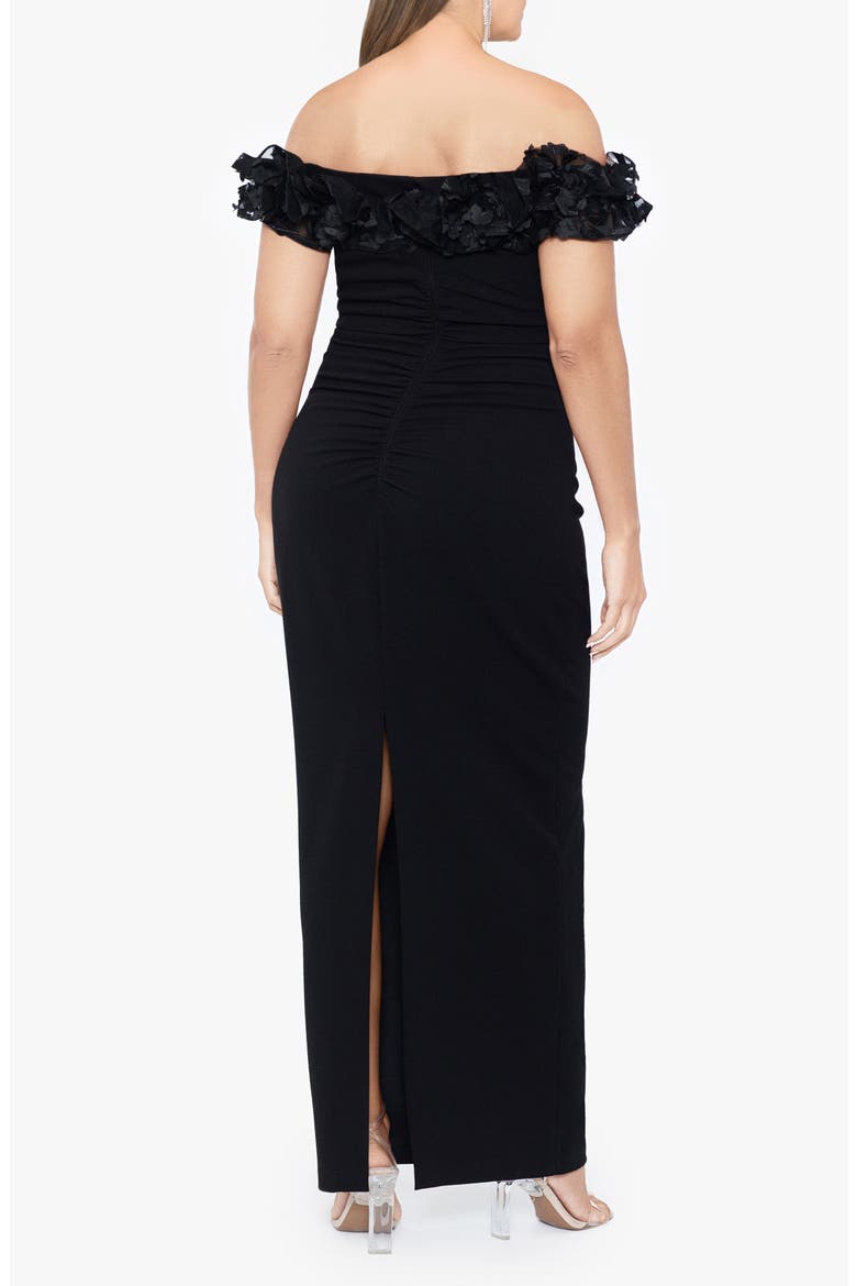 Ruffle Off the Shoulder Crepe Gown, Alternate, color, BLACK
