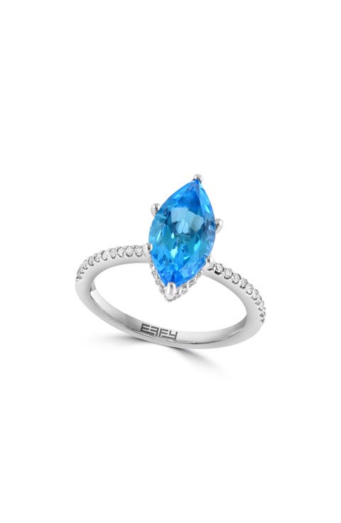 14K White Gold Marquise Blue Topaz & Diamond Ring - 0.24ct.
