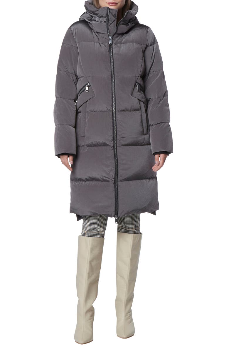 Andrew Marc Palma Shimmer Water Resistant Hooded Down Puffer Jacket, Main, color, Pavement