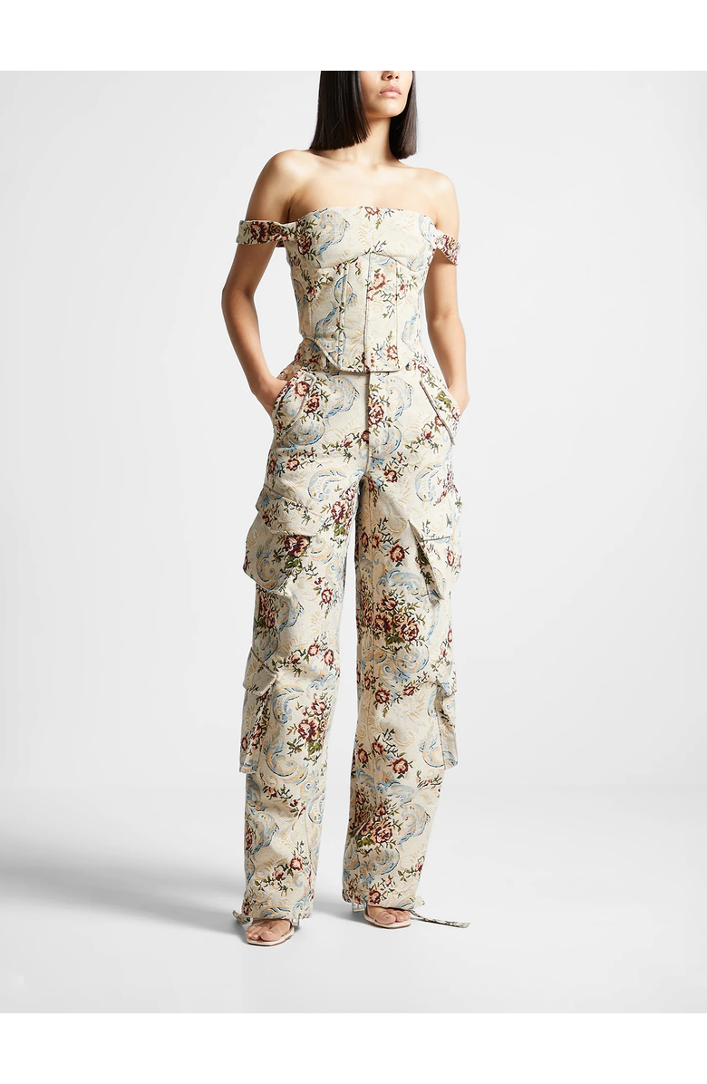 Manière De Voir Anne Floral Jacquard High Waisted Cargo Pants, Main, color, Beige