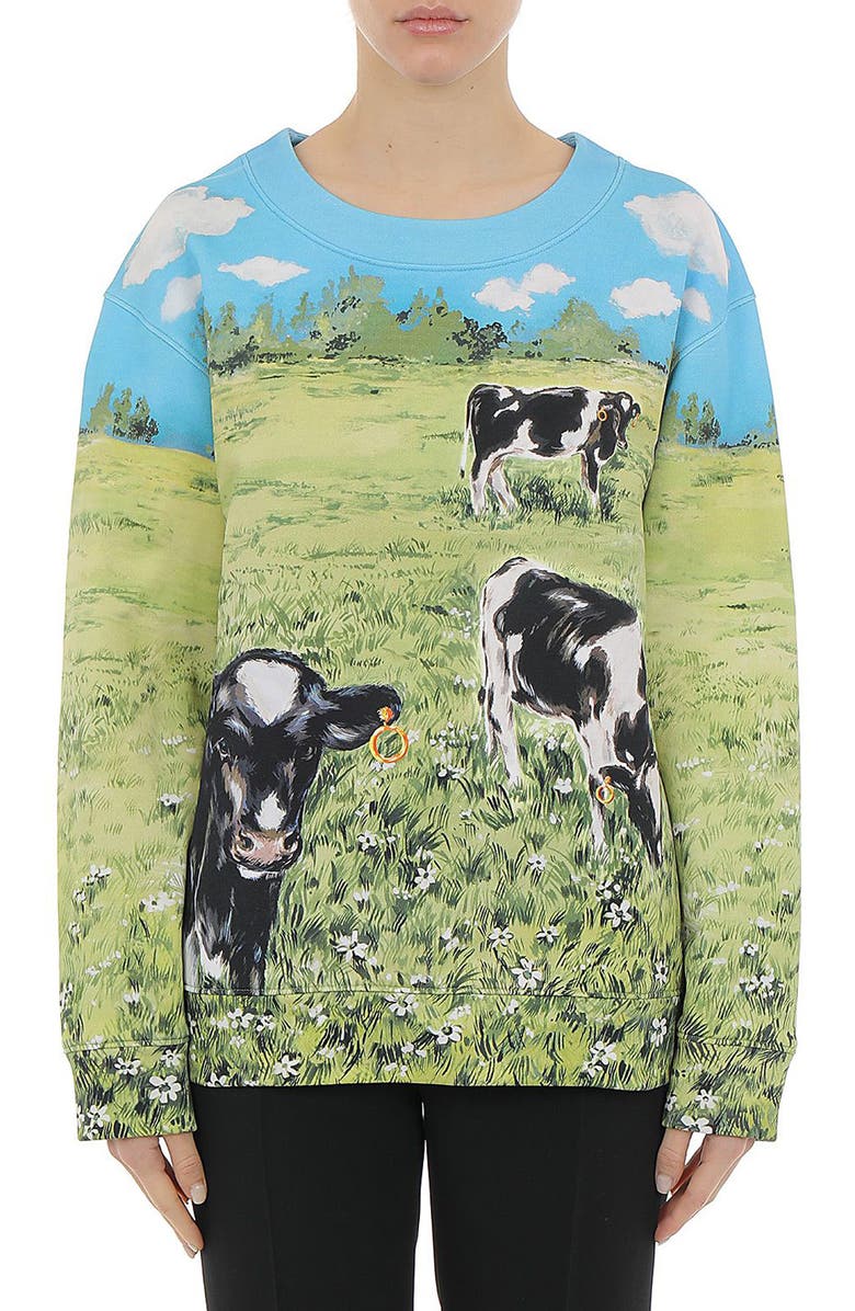 Moschino Countryside Cow Print Cotton Sweatshirt, Main, color, 