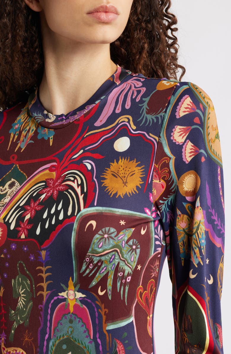 FARM Rio Artsy Surreal Long Sleeve Floral Jersey Dress, Alternate, color, Black