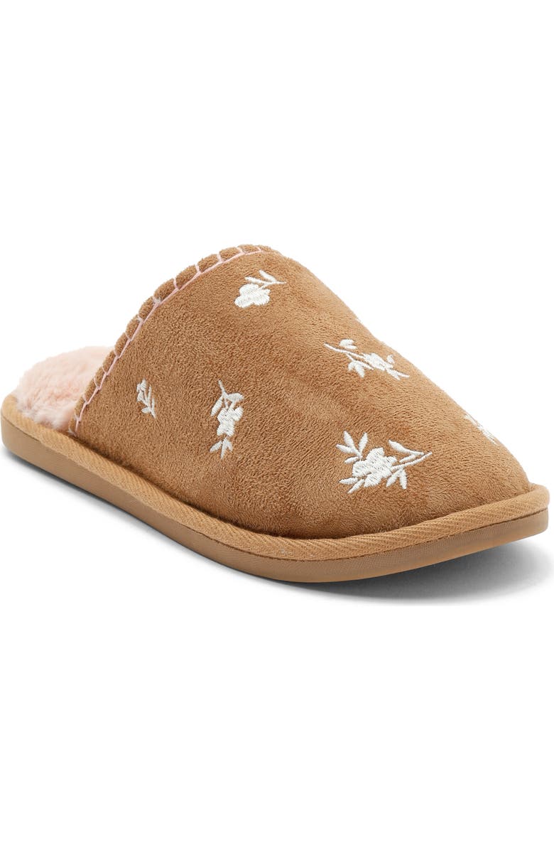 Børn Floral Embroidered Scuff Slipper, Main, color, Tan