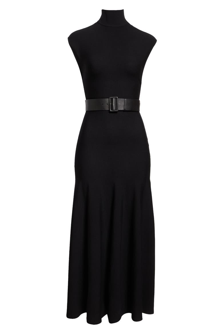 Turtleneck Jersey Belted Dress, Alternate, color, NOIR ALAIA