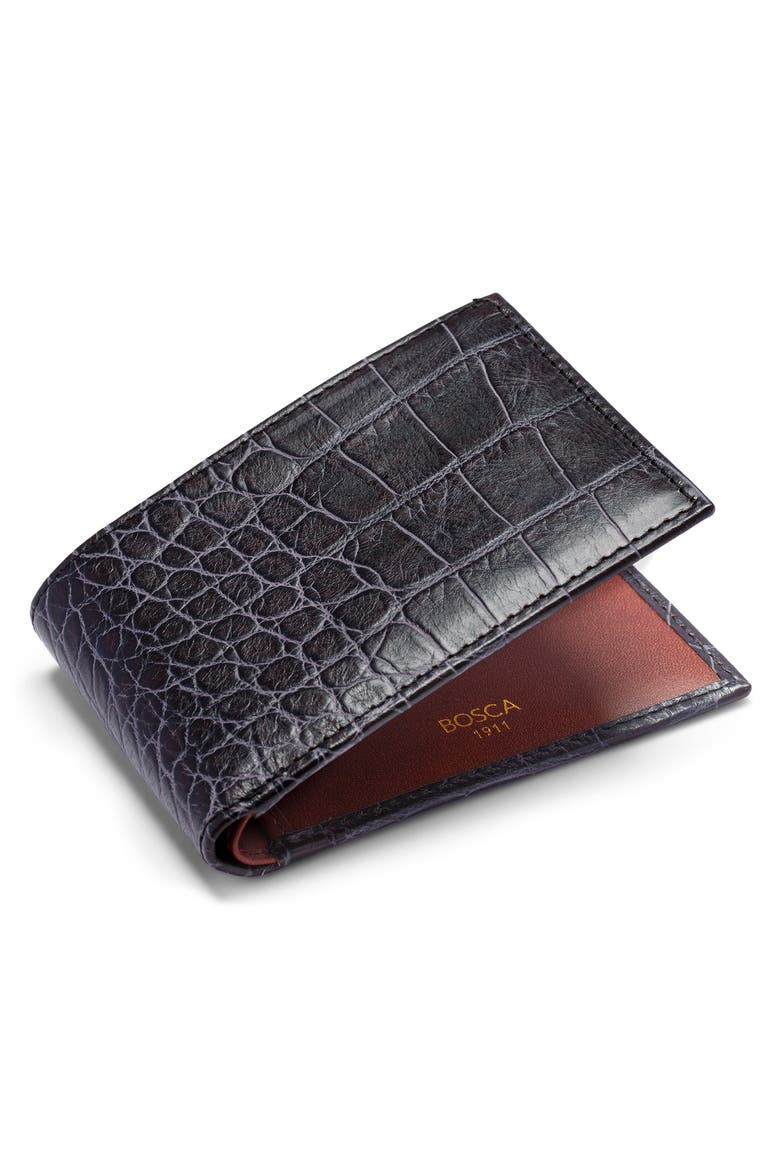 Croc Embossed Leather Small Bifold Wallet, Alternate, color, DARK BROWN