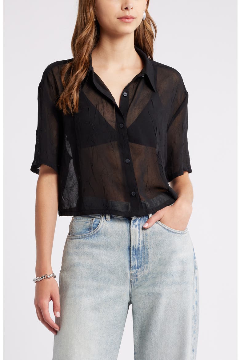Sheer Crop Button-Up Shirt, Main, color, BLACK