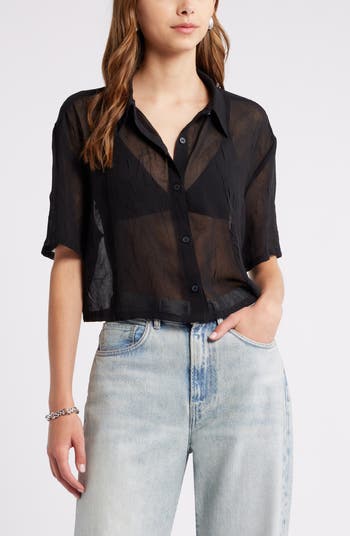 Open Edit Sheer Crop Button-Up Shirt | Nordstrom