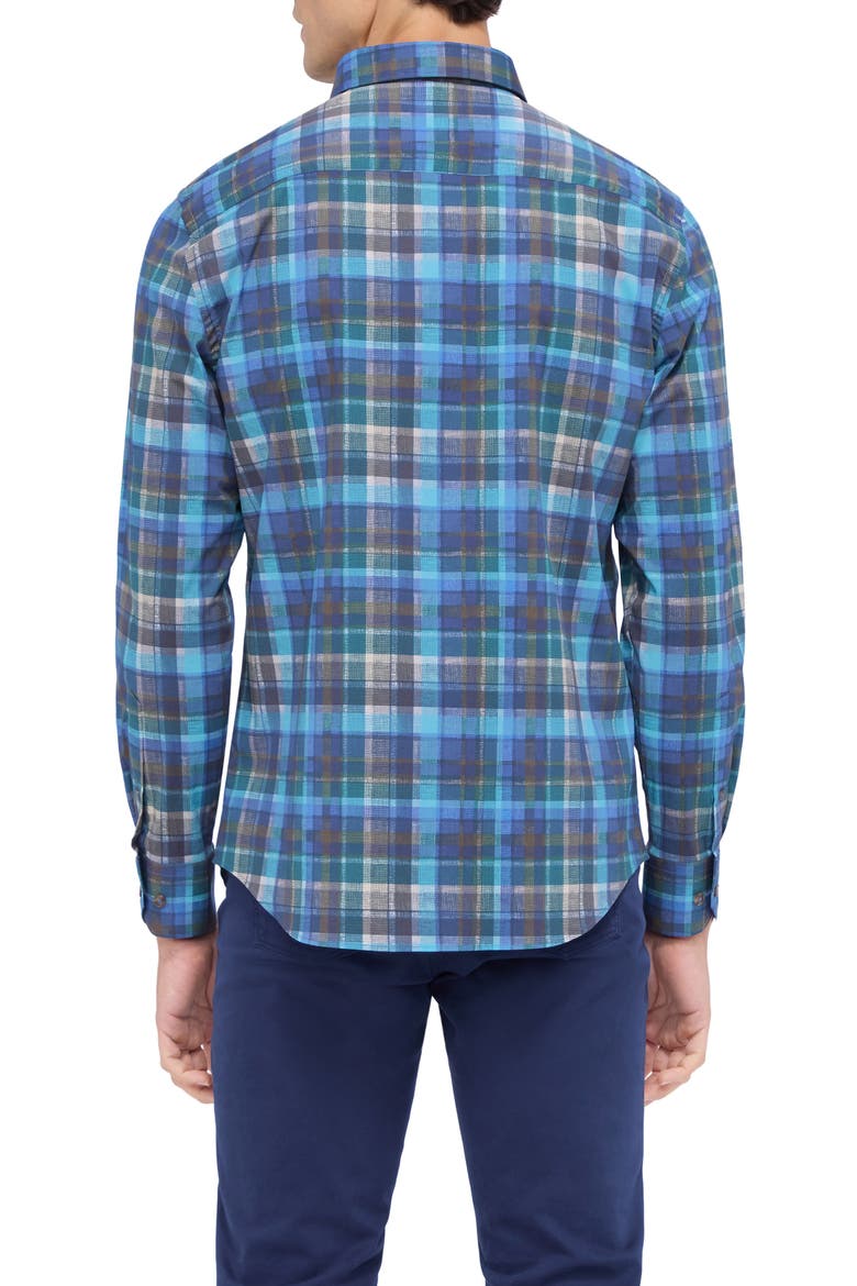 Karl Shaped Fit Check Stretch Button-Up Shirt, Alternate, color, TEAL