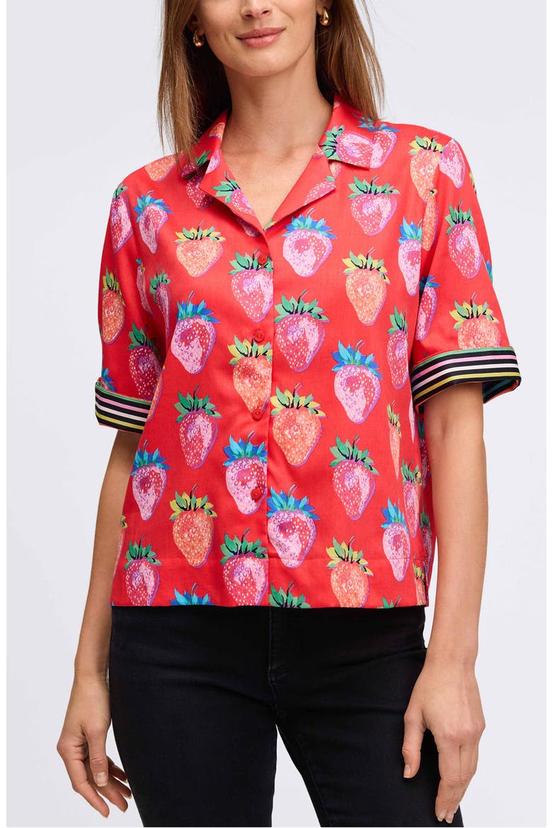Quinn Strawberry Print Elbow Sleeve Cotton Button-Up Shirt, Alternate, color, RED/ MULTI