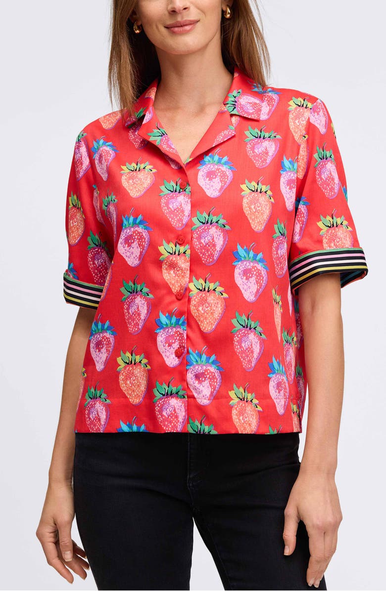 Foxcroft Quinn Strawberry Print Elbow Sleeve Cotton Button-Up Shirt, Alternate, color, Multi