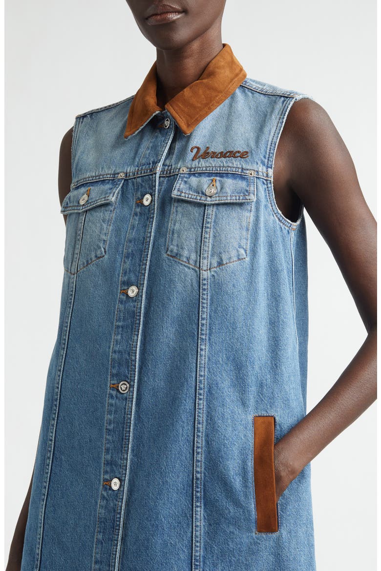 Suede Trim Denim Shirtdress, Alternate, color, MEDIUM BLUE