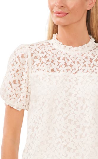 Sugar & Lace Womens Lace Hollow Out Puff Sleeve Blouse