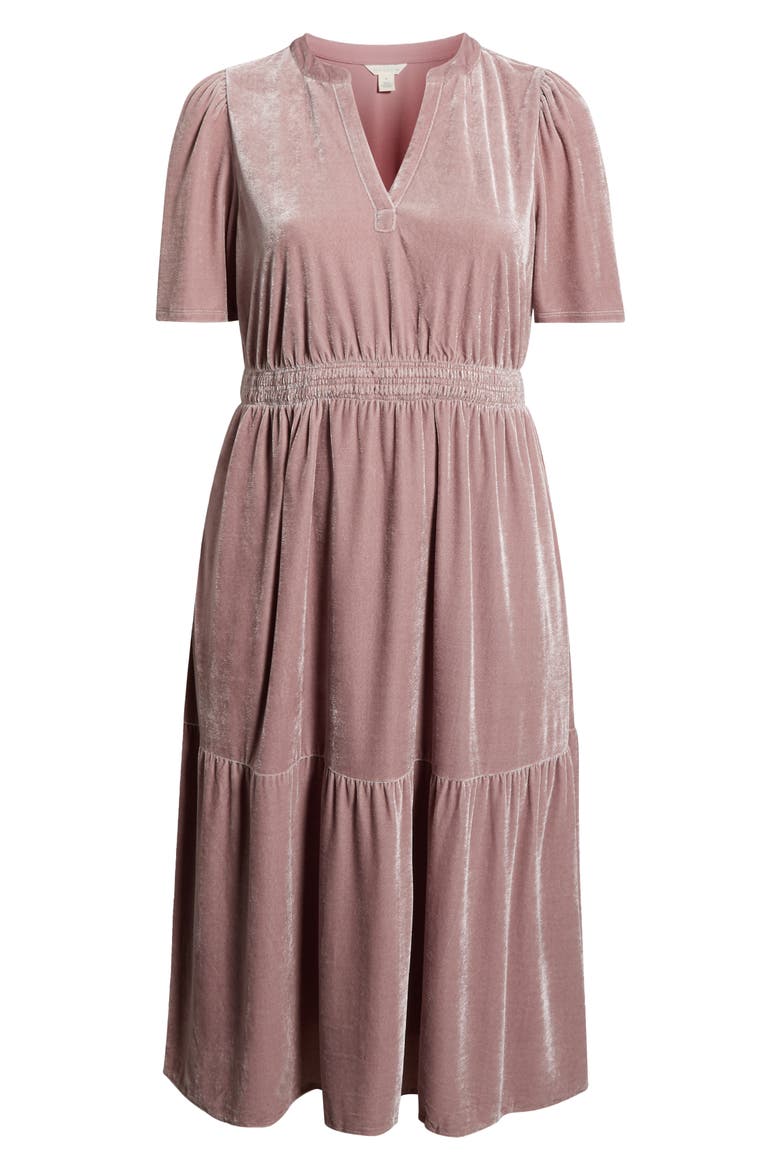Tiered Velour Midi Dress, Alternate, color, PINK TIMBER