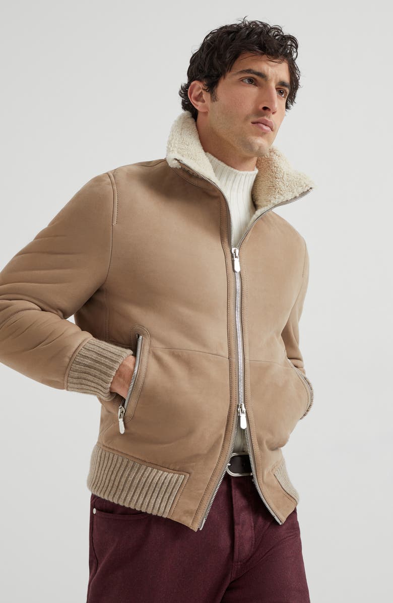 Brunello Cucinelli Curly shearling bomber jacket, Alternate, color, Hazelnut