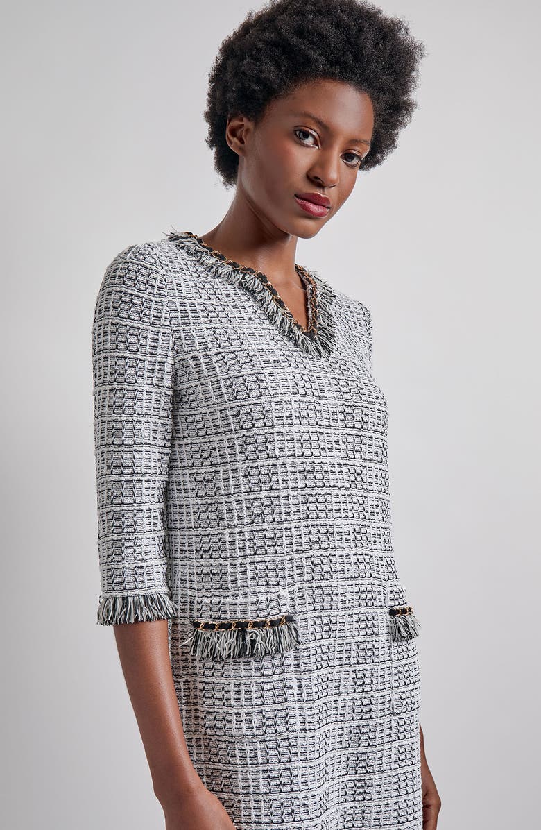 Misook Chain & Fringe Trim Tweed Shift Dress, Alternate, color,