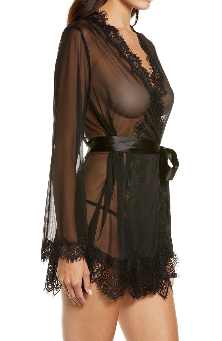 Oh La La Cheri Lace Trim Mesh Robe & G-String Set, Alternate, color, Black