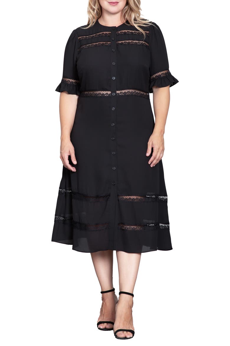 Lace Inset Georgette Midi Dress, Main, color, BLACK