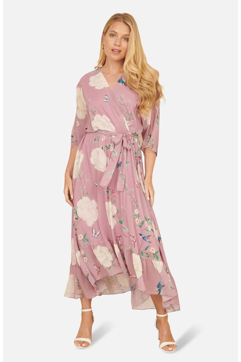 Bird And Floral Print Midi Wrap Dress, Main, color, Pink