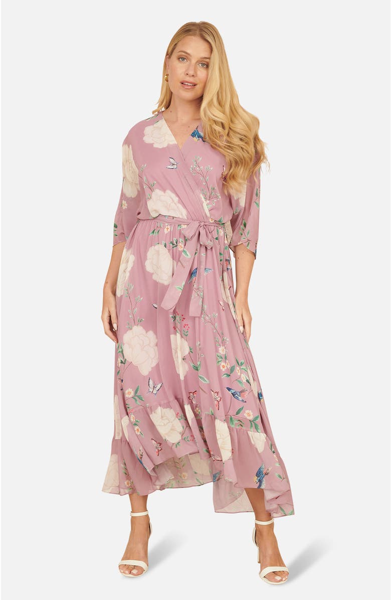 Yumi Bird And Floral Print Midi Wrap Dress, Main, color, Pink