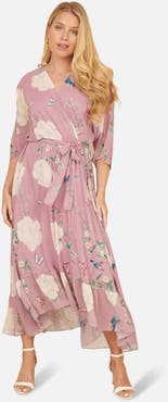Yumi Bird And Floral Print Midi Wrap Dress