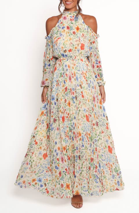 Chiffon Cold Shoulder Print High Neck Collar Split Floral Dresses Chiffon Cold Shoulder Print High Neck Collar Split Floral Dresses
