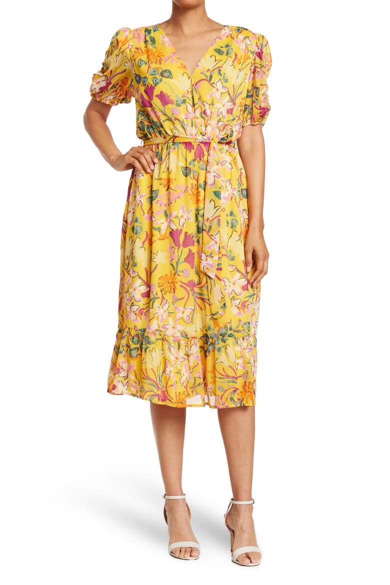 Chiffon Puff Sleeve Midi Dress, Main, color, YELLOW FLORAL