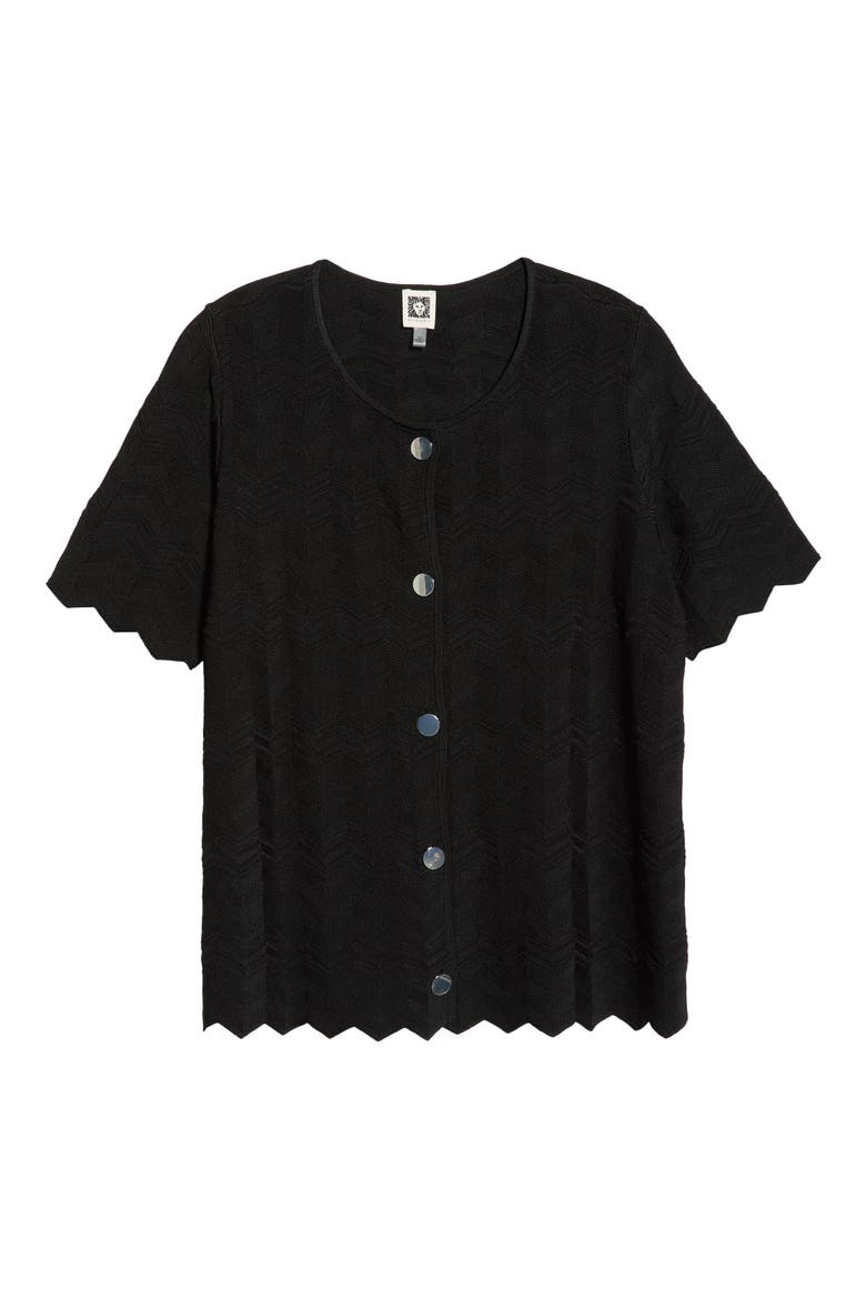Pointelle Short Sleeve Cardigan, Alternate, color, ANNE BLACK