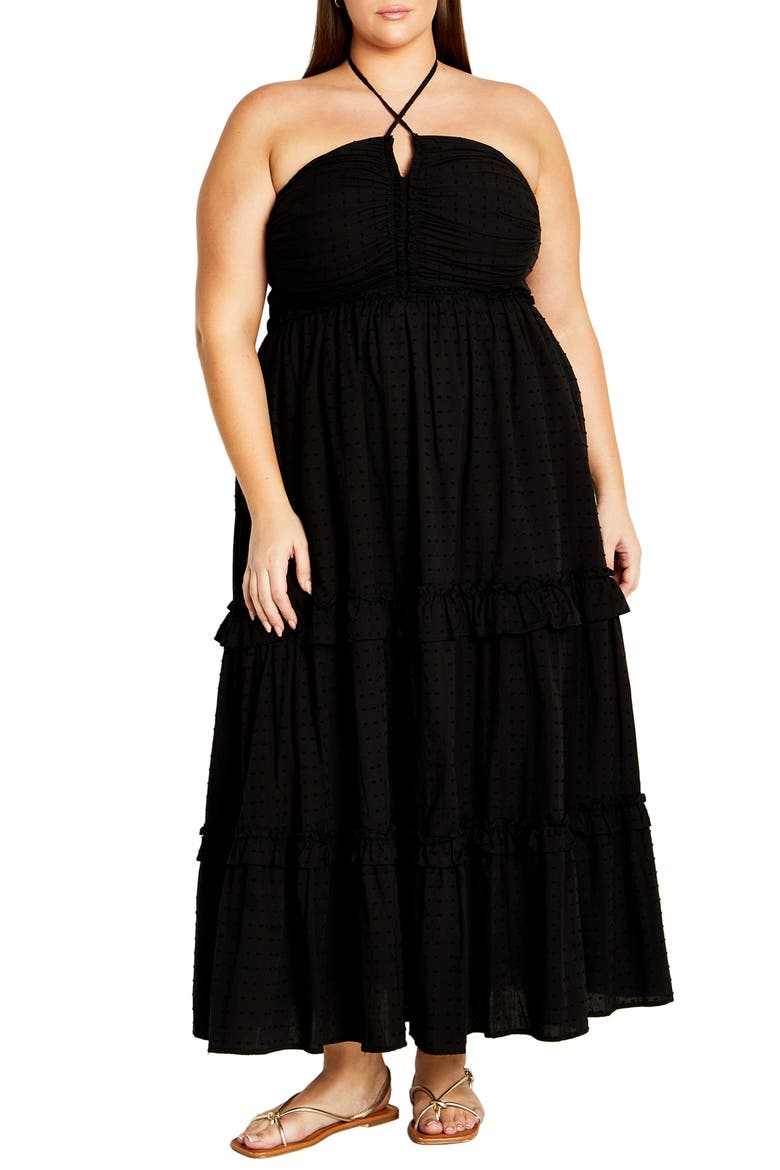 Ivy Clip Dot Tiered Halter Dress, Main, color, BLACK