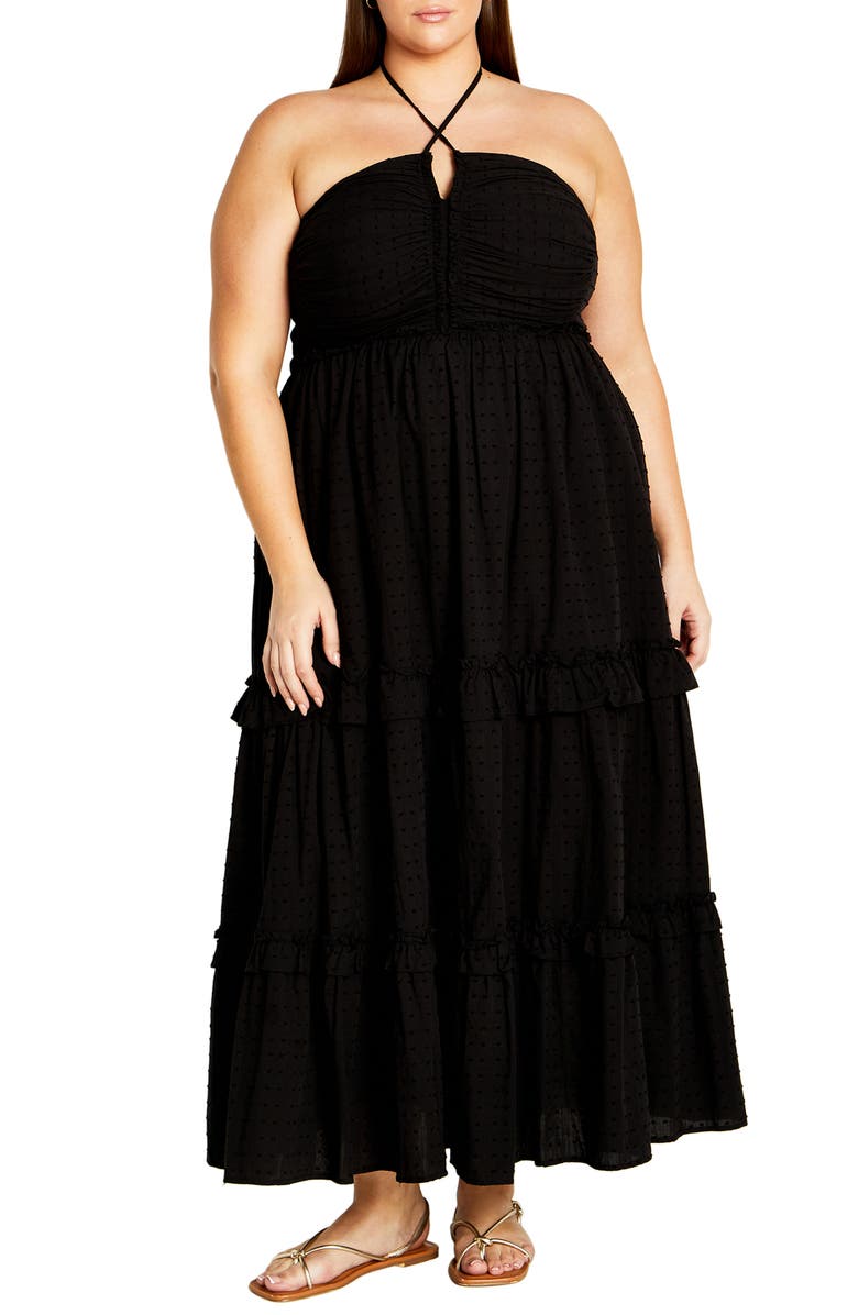 City Chic Ivy Clip Dot Tiered Halter Dress, Main, color, Black