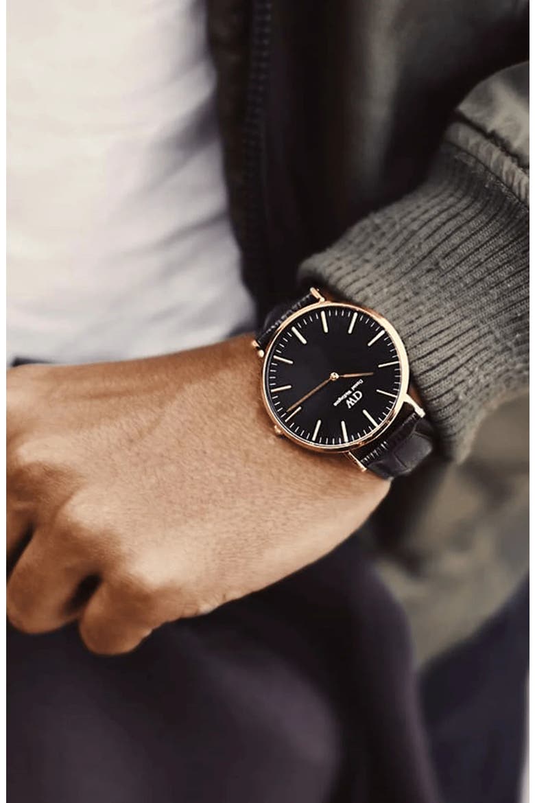 Classic Reading Croc Embossed Leather Strap Watch, 40mm, Alternate, color, ROSE GOLD