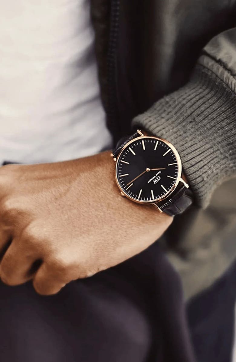 Daniel Wellington Classic Reading Croc Embossed Leather Strap Watch, 40mm, Alternate, color, Rose Gold