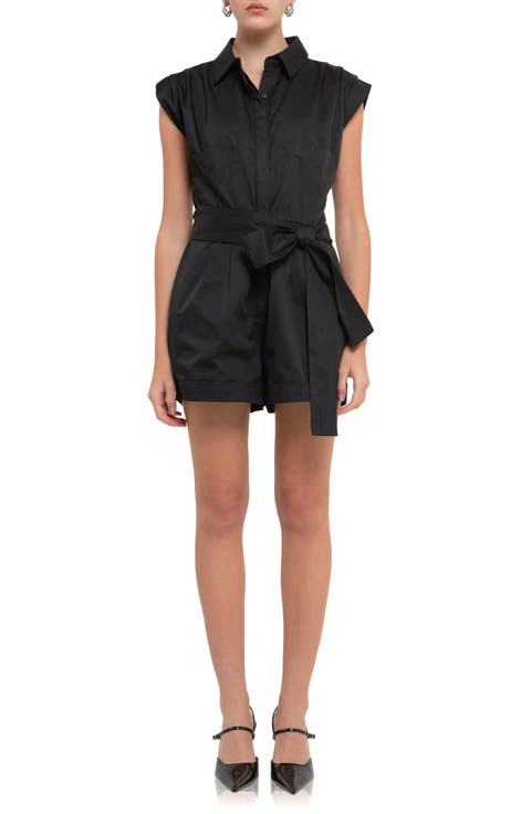 Ruched Collar Cotton Romper