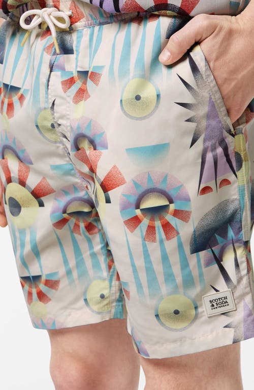 Scotch & Soda Print Mid Length Swim Trunks In Luna Pier White