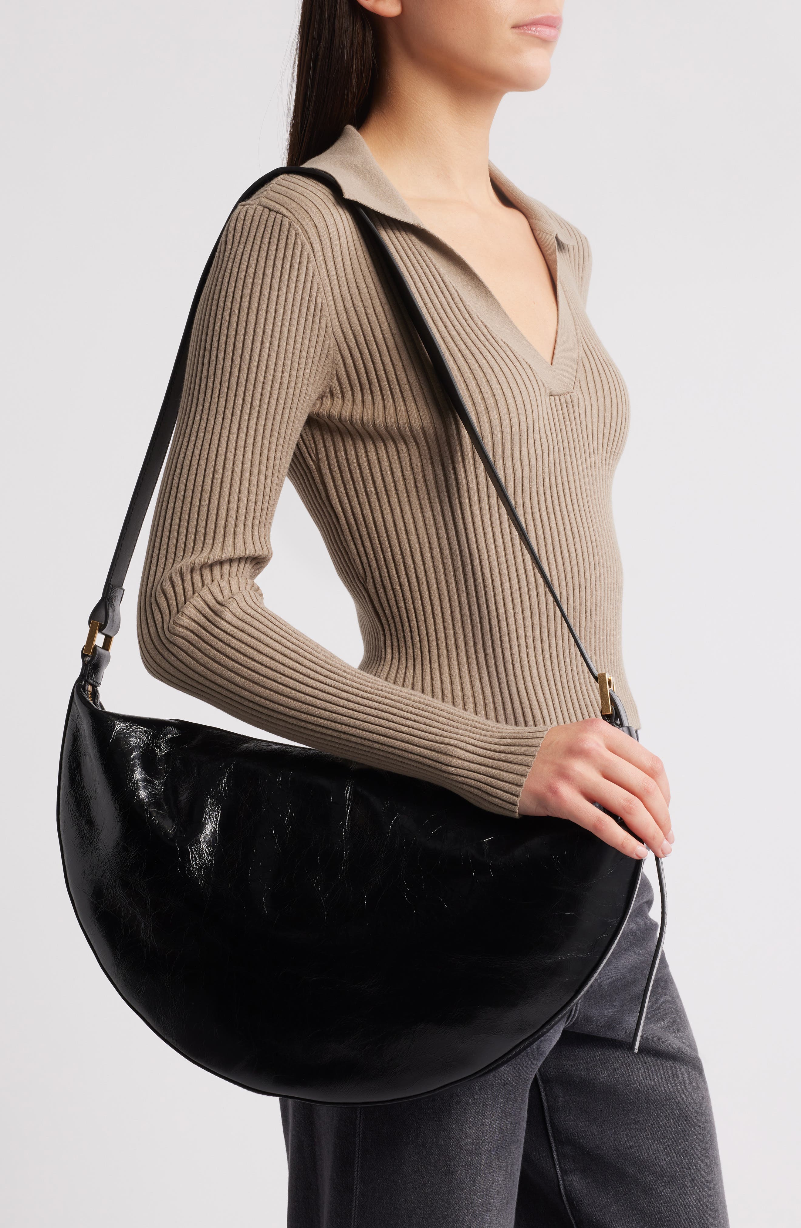 AllSaints Half Moon Leather Shoulder Bag, Alternate, color, 