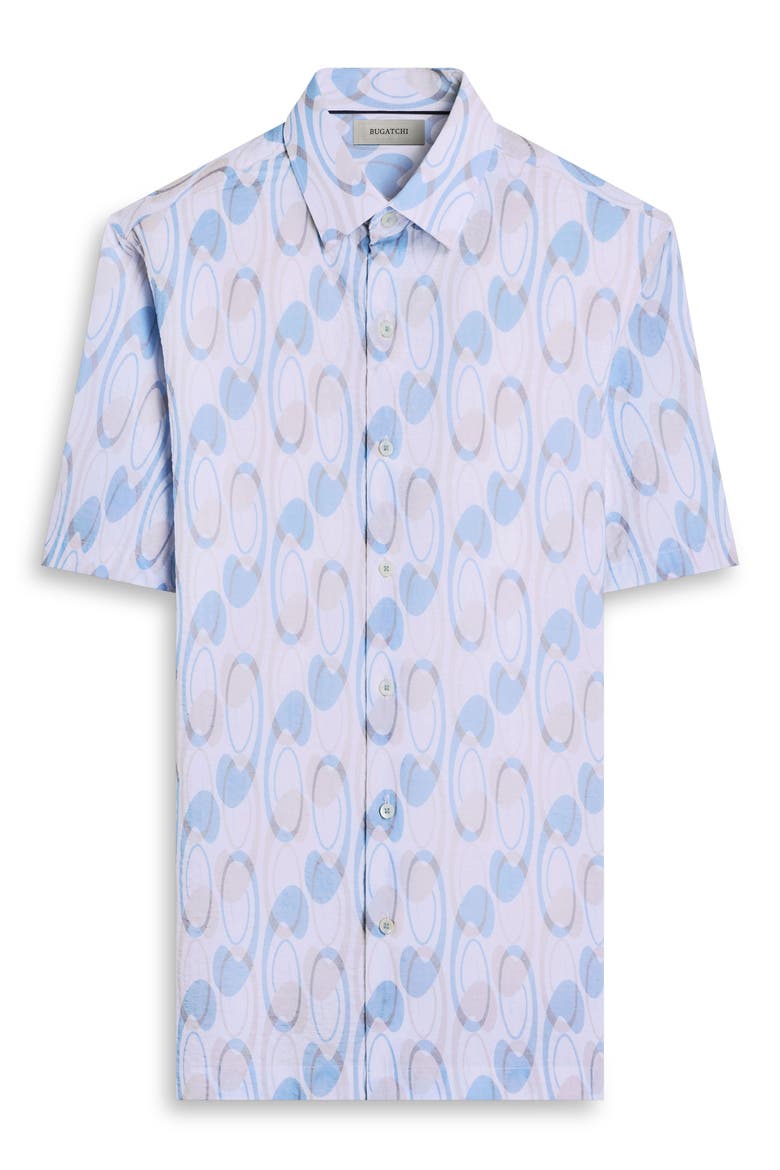 Vero Shaped Fit Geometric Print Short Sleeve Button-Up Shirt, Alternate, color, HAZY BLUE