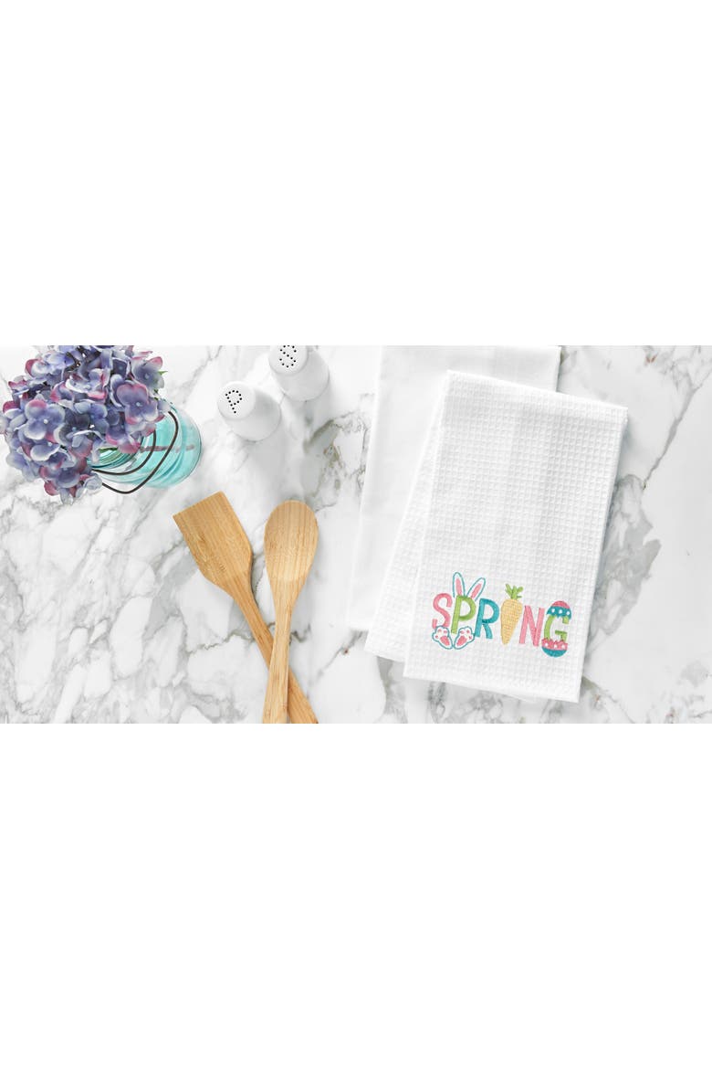 "Spring" Easter Egg Bunny Rabbit Embroidered Cotton Waffle Weave Kitchen Dishtowel, Alternate, color, White