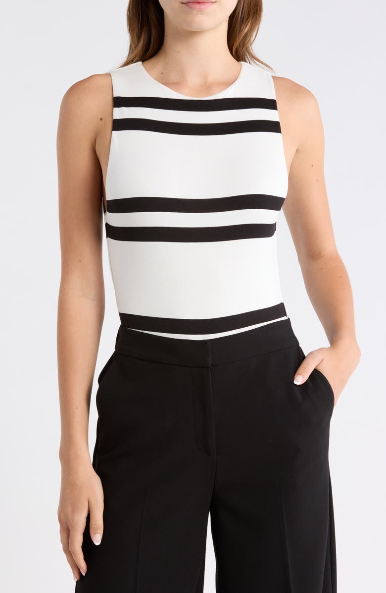 Alice + Olivia Rothy Sleeveless Crewneck Bodysuit, Main, color, Paddleboard Stripe Ecru/ Black