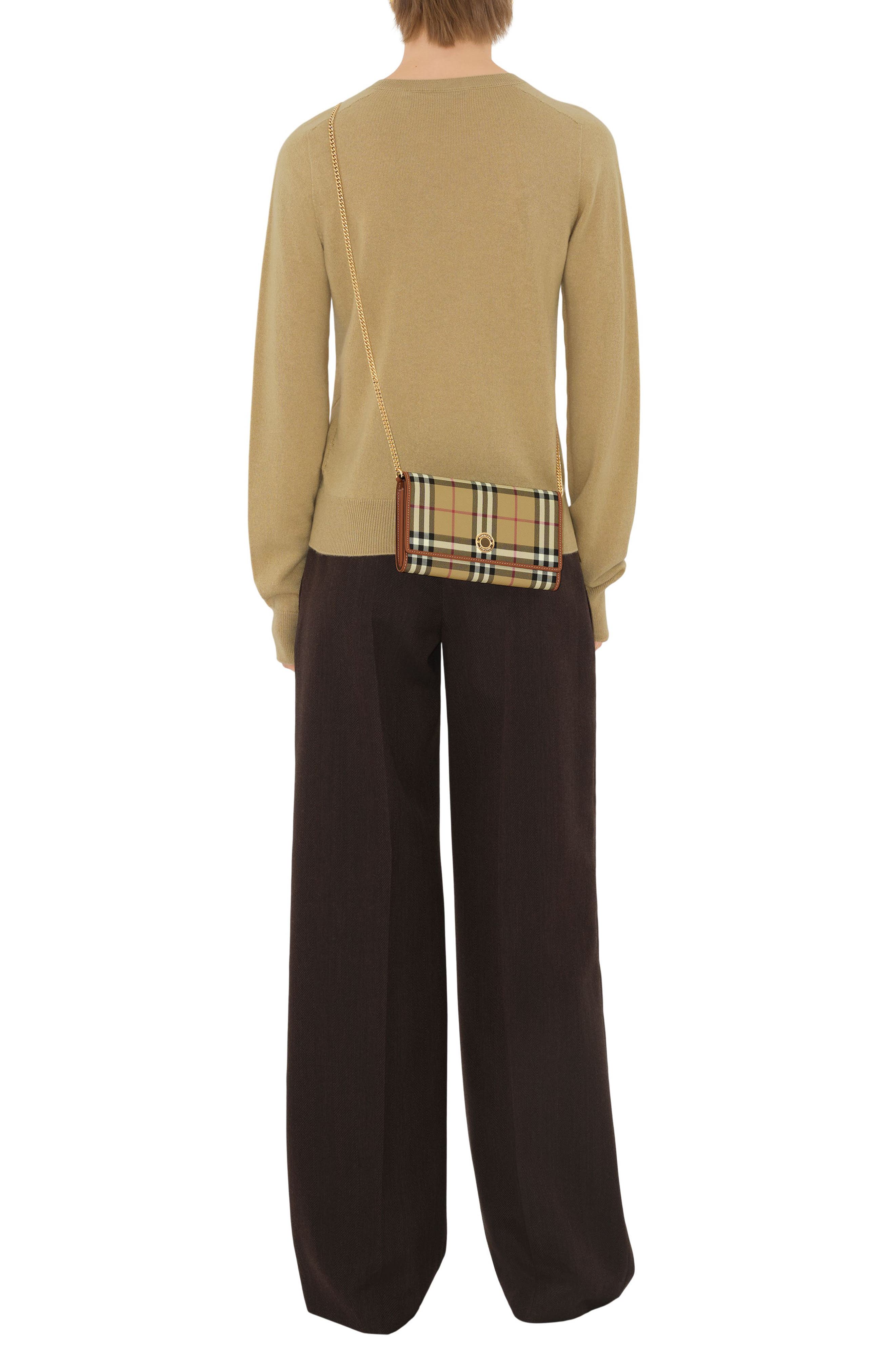 Burberry Hannah Check Coated Canvas Wallet on a Chain, Alternate, color, Vntg Chk/Briar Brown