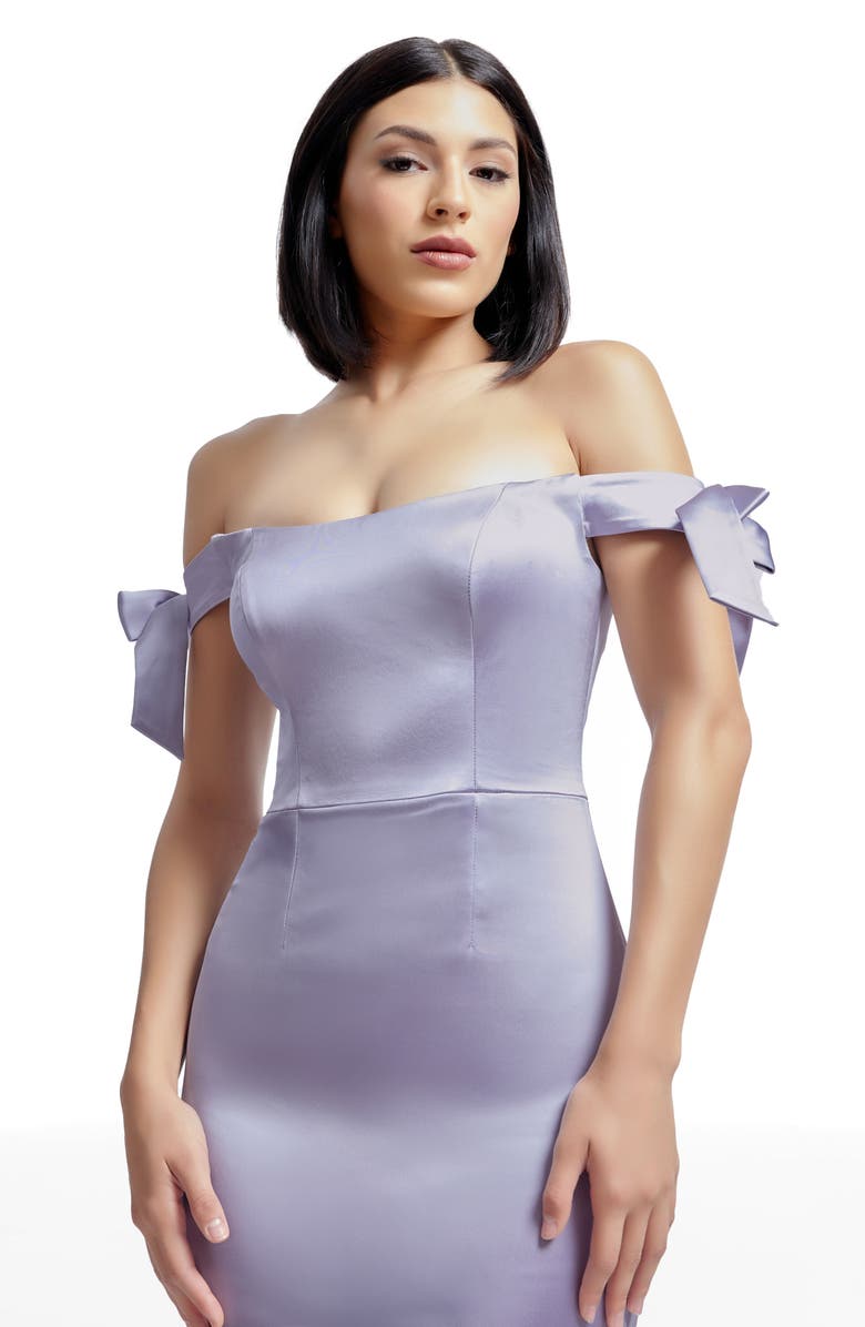 Dress the Population Verona Off the Shoulder Satin Midi Cocktail Dress, Alternate, color, Dusty Lavender