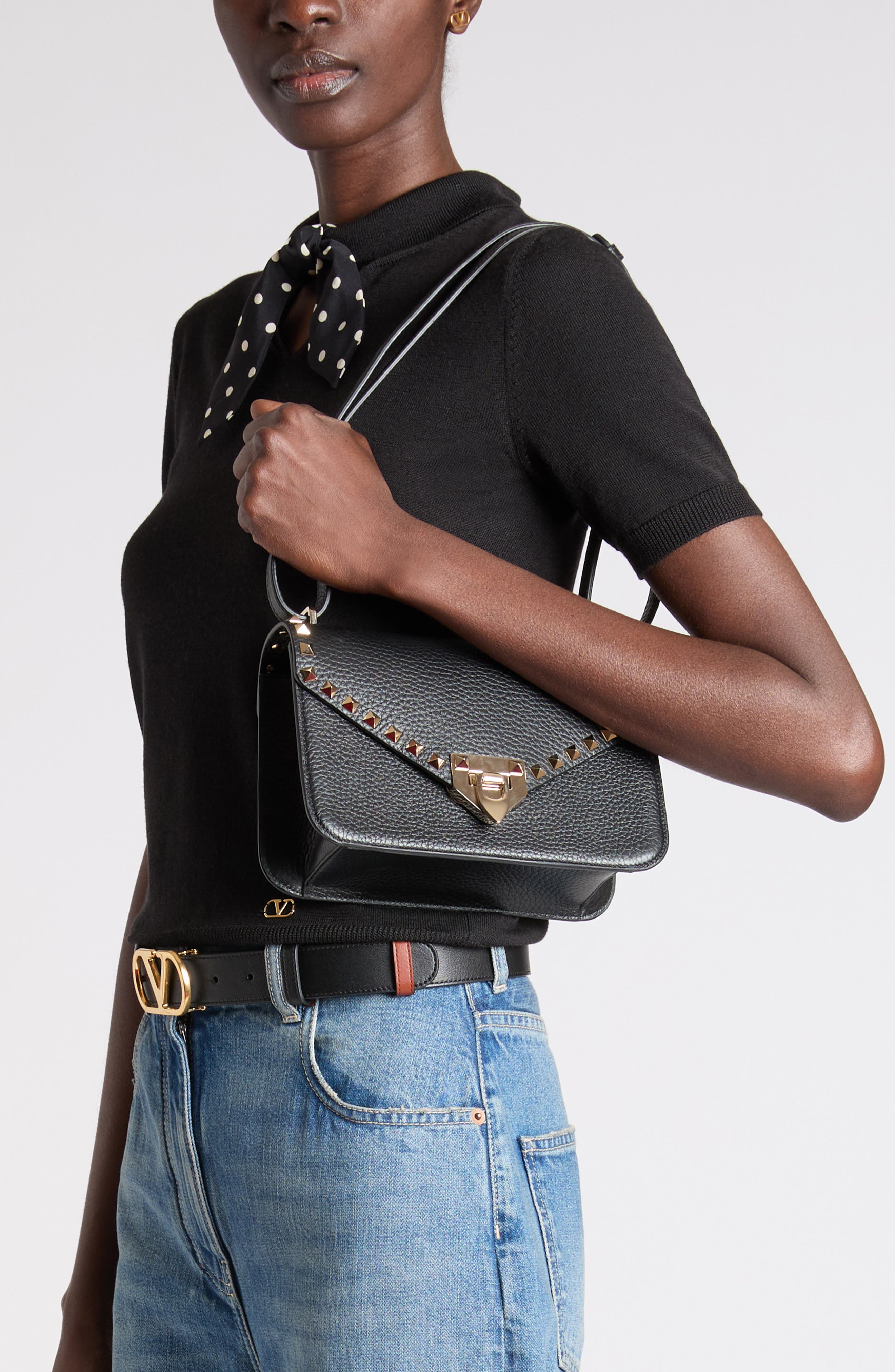 Small Rockstud Leather Shoulder Bag, Alternate, color, BLACK