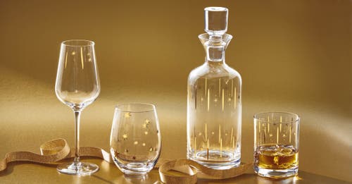 Tag Starlight Gold Stemless Wine Glass Hand Wash Only Christmas In Transparent