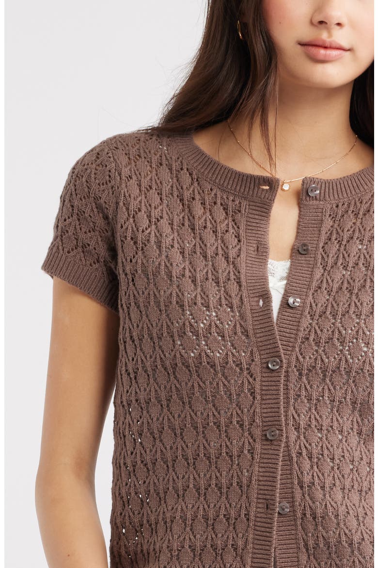 Pointelle Short Sleeve Cardigan, Alternate, color, BROWN QUARTZ