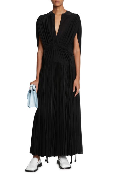 Pleated Cape Sleeve Gauze Jersey Dress