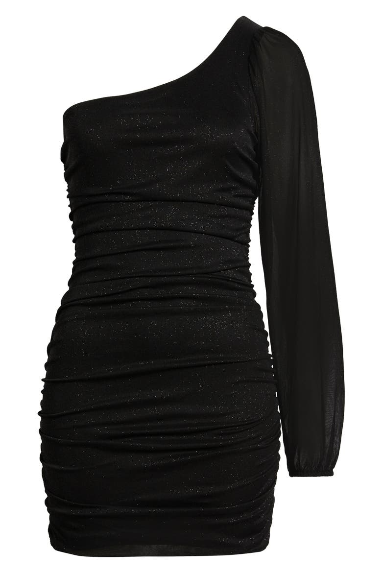 One Shoulder Metallic Ruched Minidress, Alternate, color, BLACK