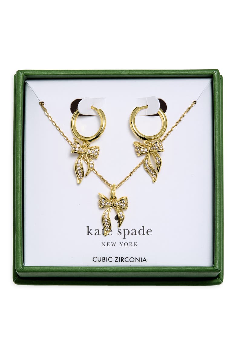 bow pavé huggie hoop earrings & pendant necklace set, Main, color, CLEAR/ GOLD