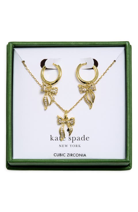bow pavé huggie hoop earrings & pendant necklace set