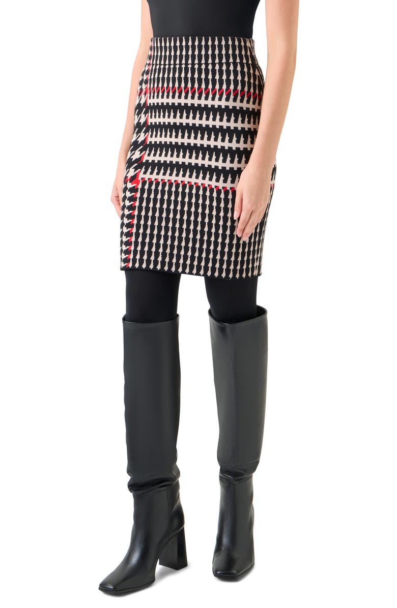 Akris punto Mixed Houndstooth Check Stretch Virgin Wool Knit Skirt, Alternate, color, Black-Cream-Vermillion