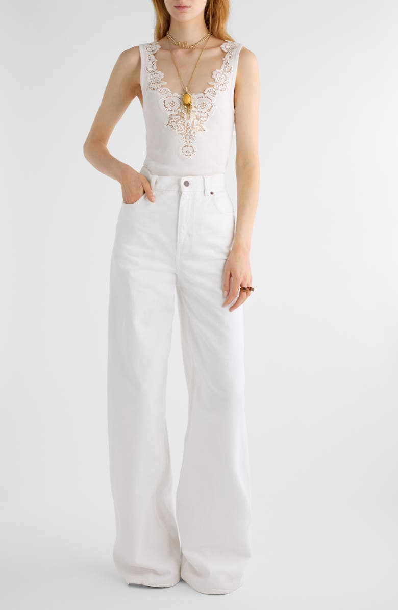 Chloé Guipure Trim Rib Fitted Cotton Jersey Tank, Alternate, color,