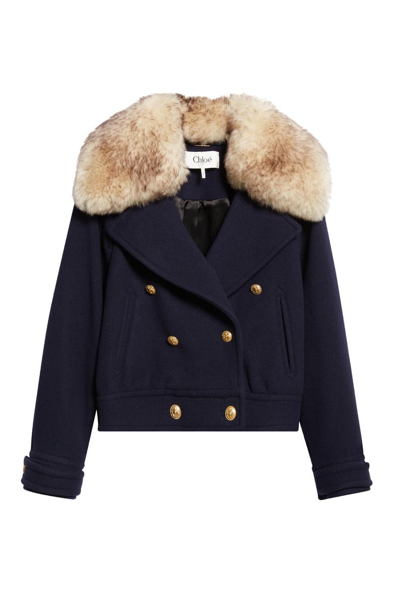 Crop Double Breasted Coat with Genuine Shearling Collar, Alternate, color, EVENING BLUE