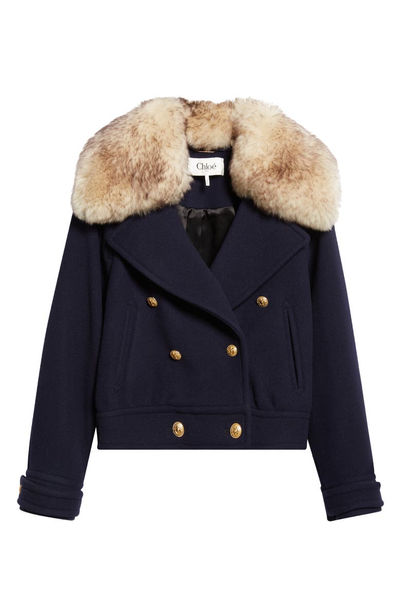 Chloé Crop Double Breasted Coat with Genuine Shearling Collar, Alternate, color, Evening Blue